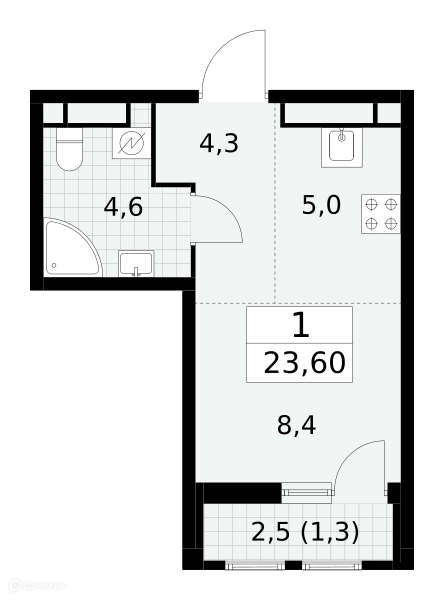 Студия 23.6 м² Южные сады