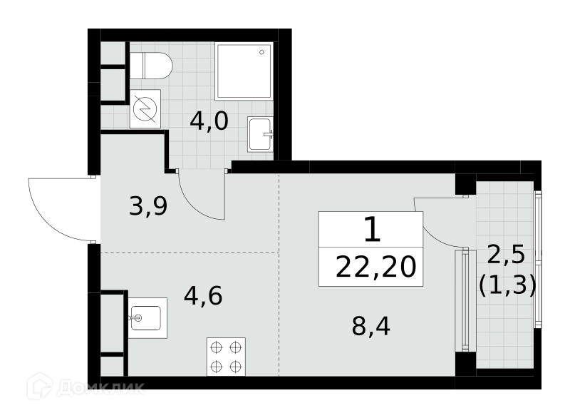 Студия 22.2 м² Южные сады