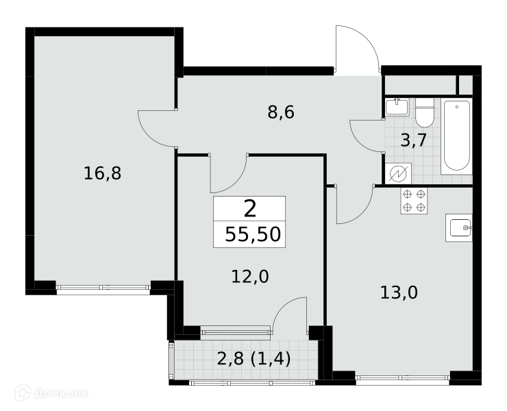 2-комнатная квартира 55.5 м² Южные сады