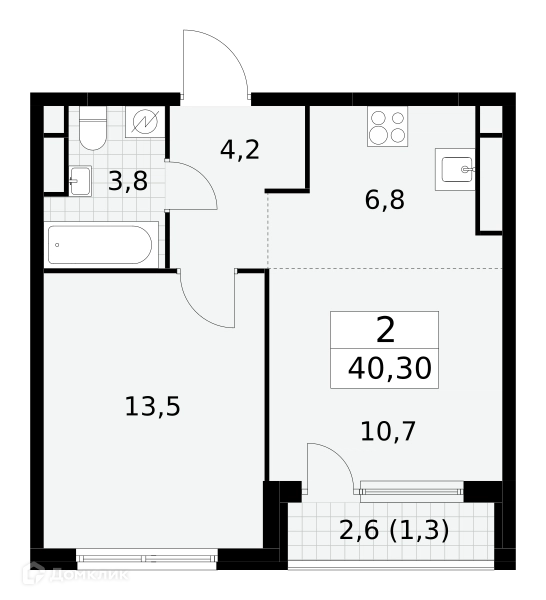 2-комнатная квартира 40.3 м² Южные сады