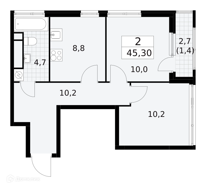 2-комнатная квартира 45.3 м² Южные сады