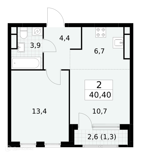 2-комнатная квартира 40.4 м² Южные сады