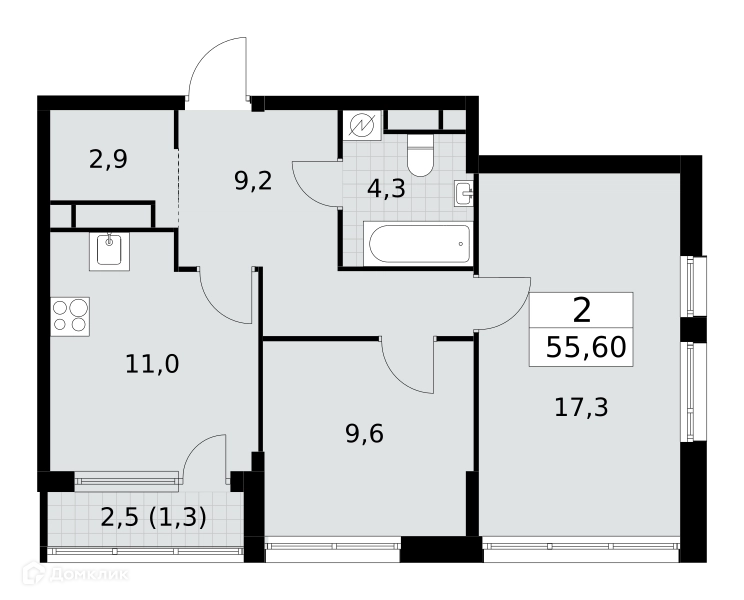 2-комнатная квартира 55.6 м² Южные сады