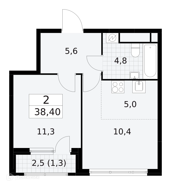 2-комнатная квартира 38.4 м² Южные сады