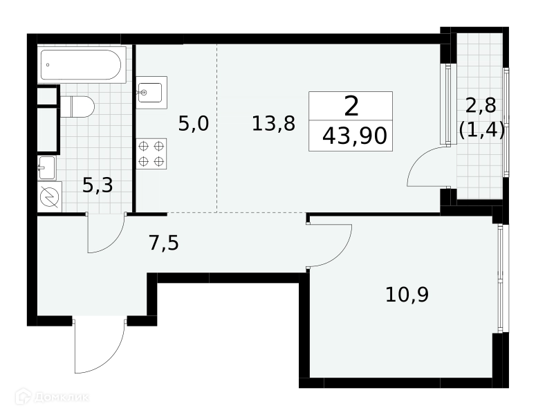 2-комнатная квартира 43.9 м² Южные сады