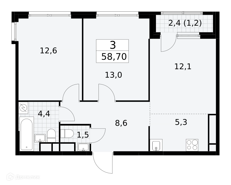 3-комнатная квартира 58.7 м² Южные сады
