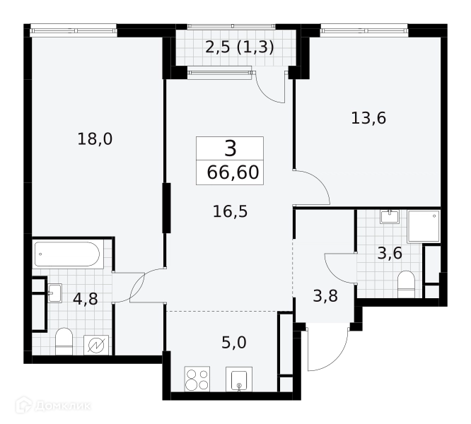 3-комнатная квартира 66.6 м² Южные сады