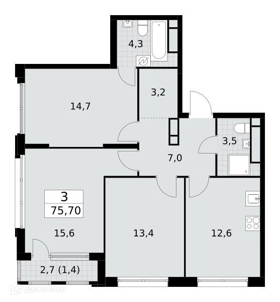 3-комнатная квартира 75.7 м² Южные сады