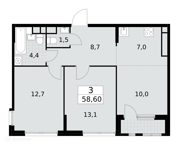3-комнатная квартира 58.6 м² Южные сады