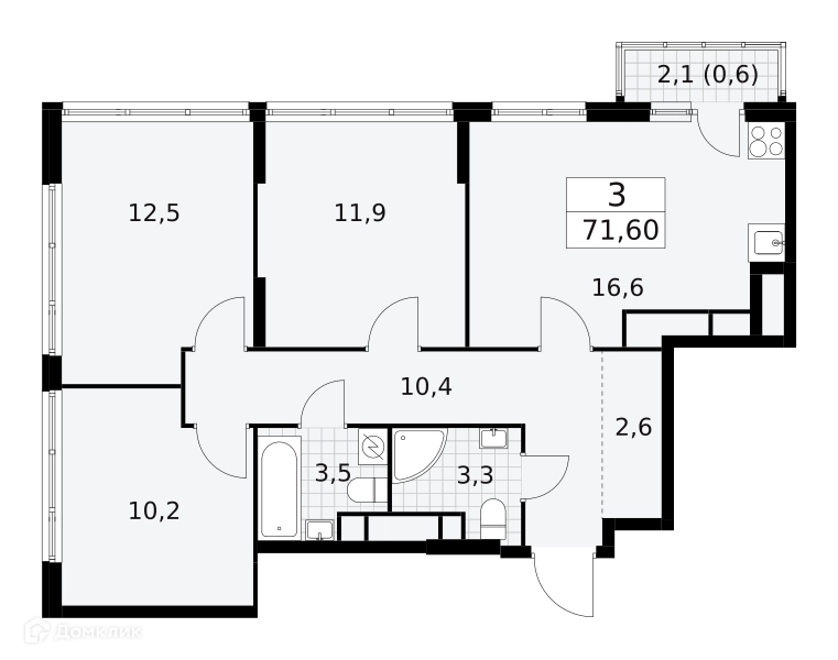 3-комнатная квартира 71.6 м² Южные сады
