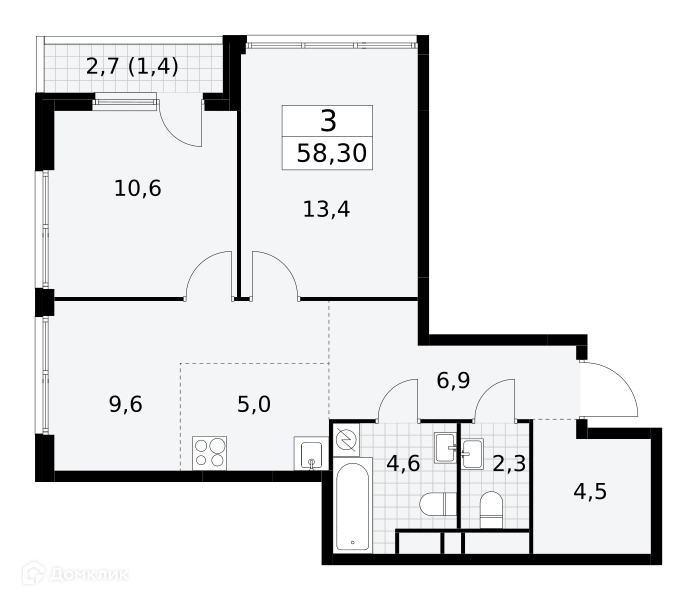 3-комнатная квартира 58.3 м² Южные сады