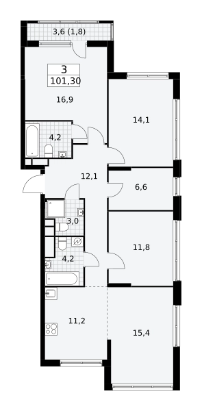 3-комнатная квартира 101.3 м² Южные сады