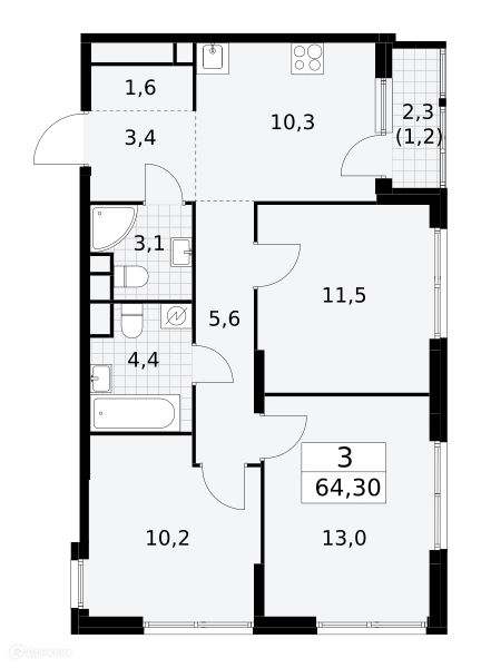 3-комнатная квартира 64.3 м² Южные сады