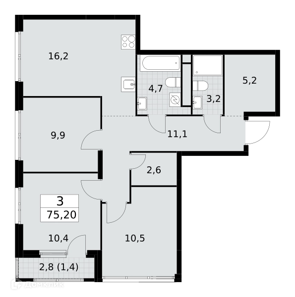 3-комнатная квартира 75.2 м² Южные сады