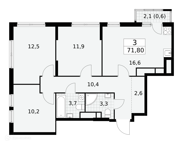 3-комнатная квартира 71.8 м² Южные сады