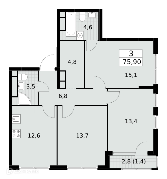 3-комнатная квартира 75.9 м² Южные сады