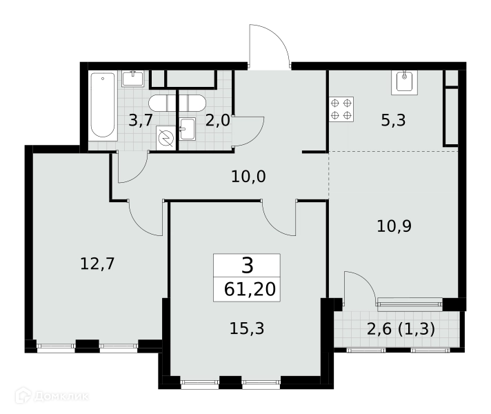 3-комнатная квартира 61.2 м² Южные сады