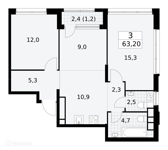3-комнатная квартира 63.2 м² Южные сады