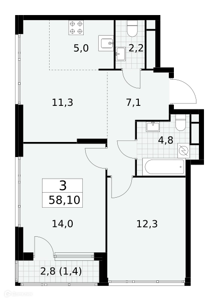3-комнатная квартира 58.1 м² Южные сады