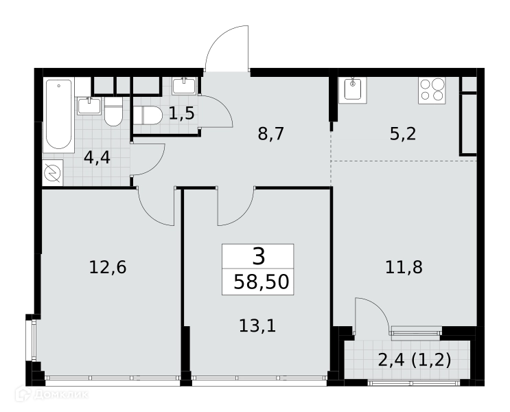 3-комнатная квартира 58.5 м² Южные сады