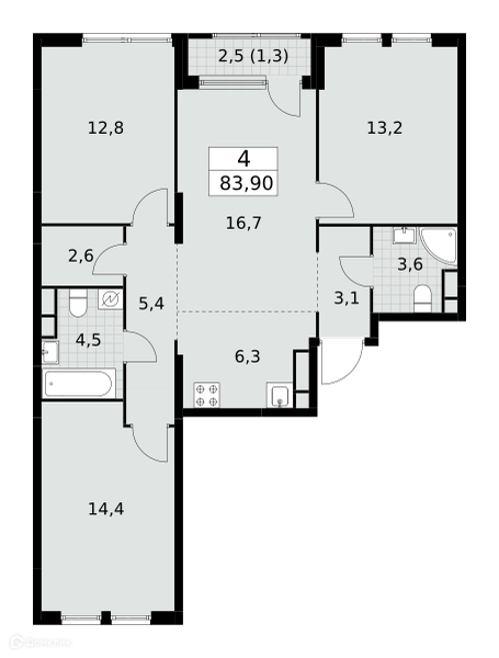 4-комнатная квартира 83.9 м² Южные сады