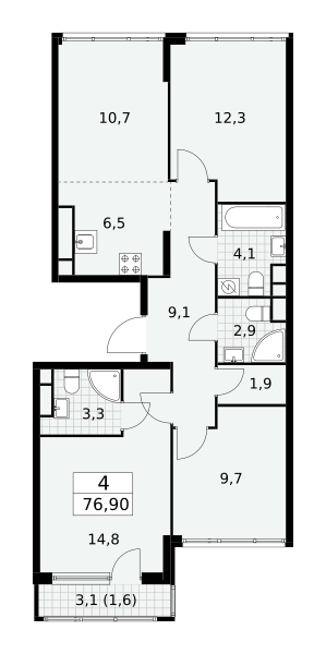 4-комнатная квартира 76.9 м² Южные сады