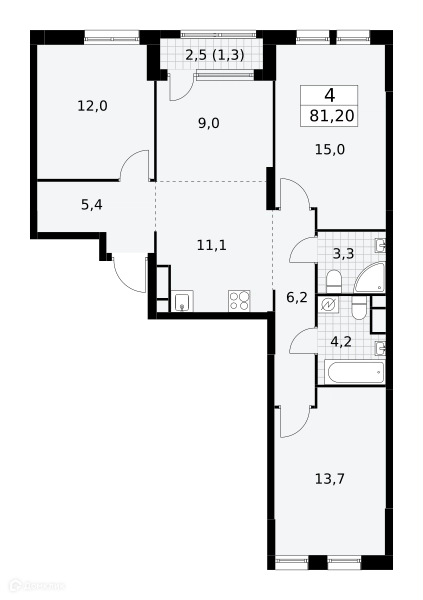 4-комнатная квартира 81.2 м² Южные сады