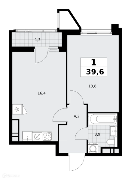 1-комнатная квартира 39.6 м² Прокшино