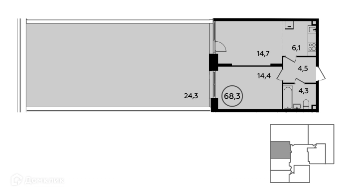 2-комнатная квартира 68.2 м² Прокшино