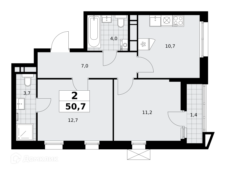 2-комнатная квартира 50.7 м² Прокшино