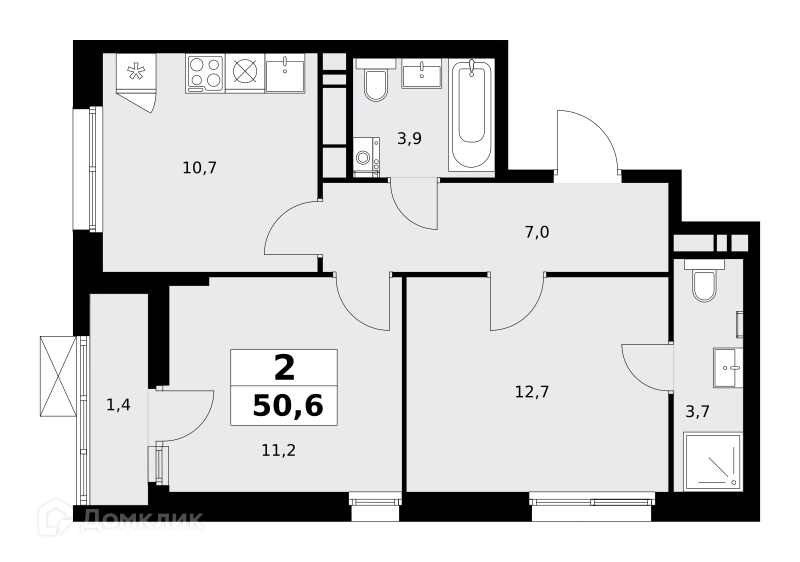 2-комнатная квартира 50.6 м² Прокшино