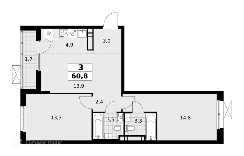 3-комнатная квартира 60.8 м² Прокшино