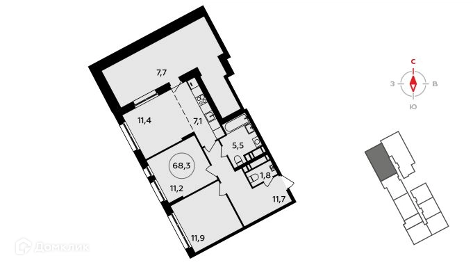 3-комнатная квартира 68.3 м² Прокшино