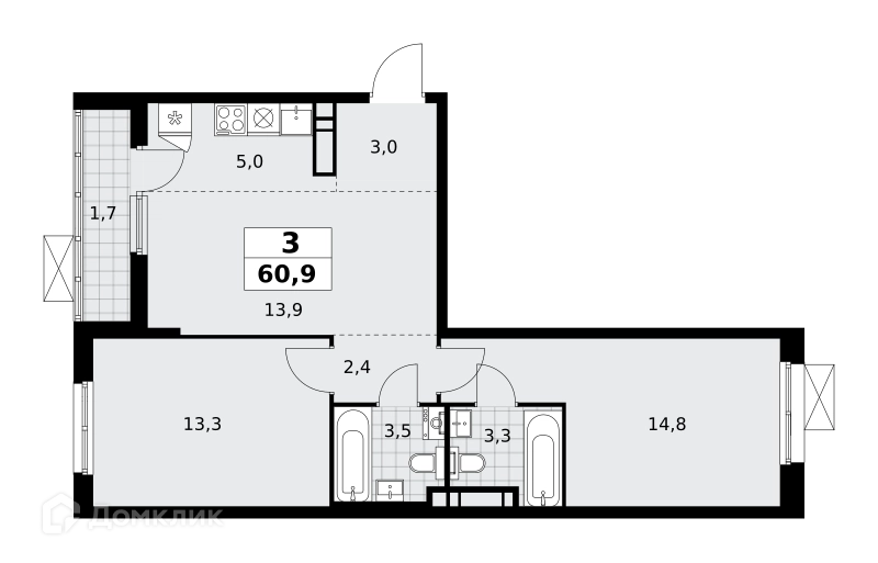 3-комнатная квартира 60.9 м² Прокшино
