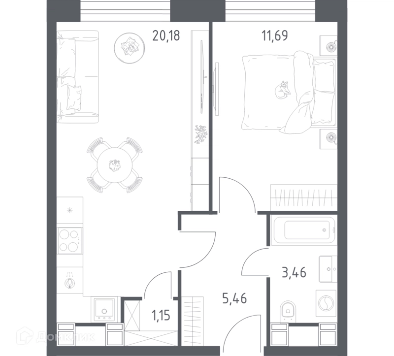 1-комнатные апартаменты 41.94 м² Пятницкое 58