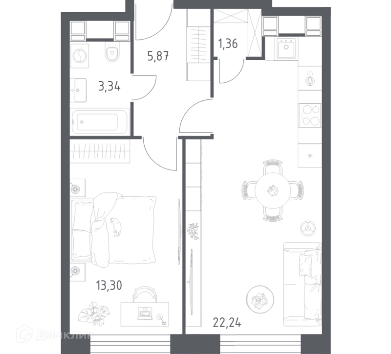 1-комнатные апартаменты 46.11 м² Пятницкое 58
