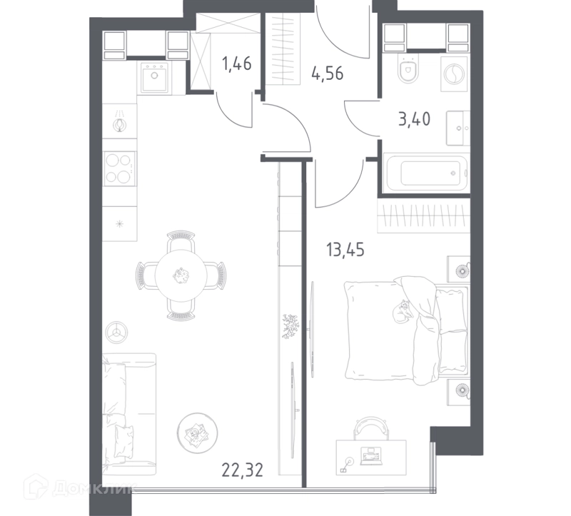 1-комнатные апартаменты 45.19 м² Пятницкое 58