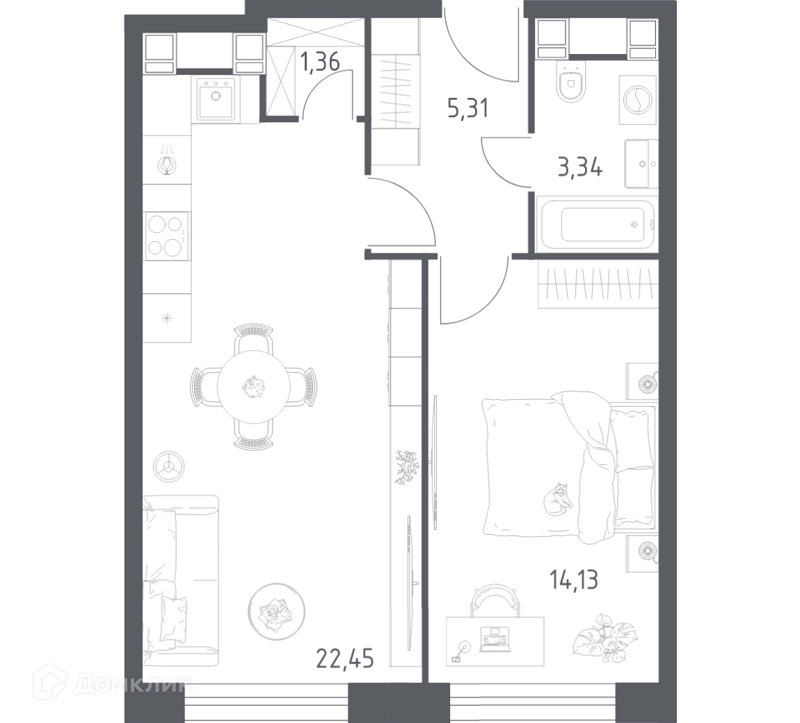 1-комнатные апартаменты 46.59 м² Пятницкое 58