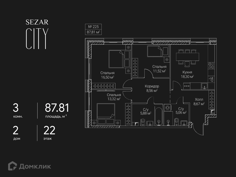 3-комнатная квартира 87.81 м² СЕЗАР СИТИ