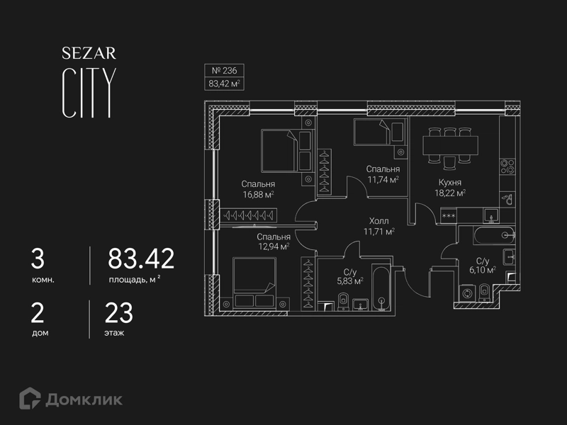 3-комнатная квартира 83.42 м² СЕЗАР СИТИ