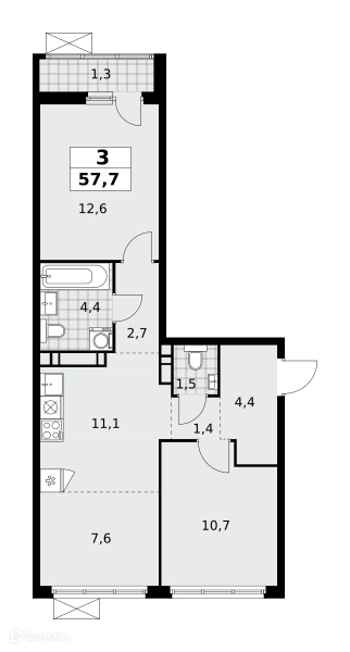 3-комнатная квартира 57.7 м² Скандинавия