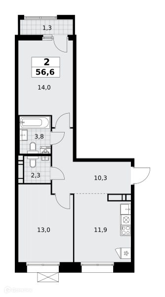 2-комнатная квартира 56.6 м² Прокшино
