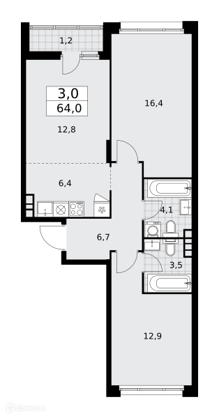 3-комнатная квартира 64 м² Прокшино