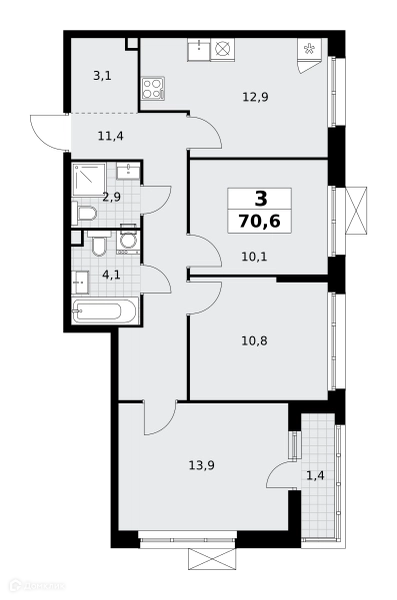 3-комнатная квартира 70.6 м² Родные кварталы