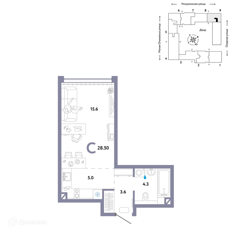 1-комнатная квартира 28.5 м² Страна.Озёрная