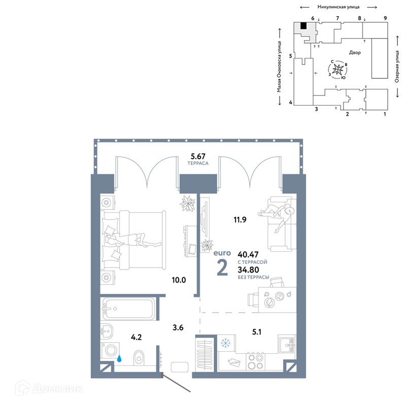 2-комнатная квартира 40.47 м² Страна.Озёрная