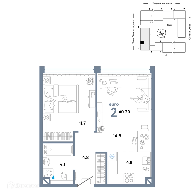 2-комнатная квартира 40.2 м² Страна.Озёрная