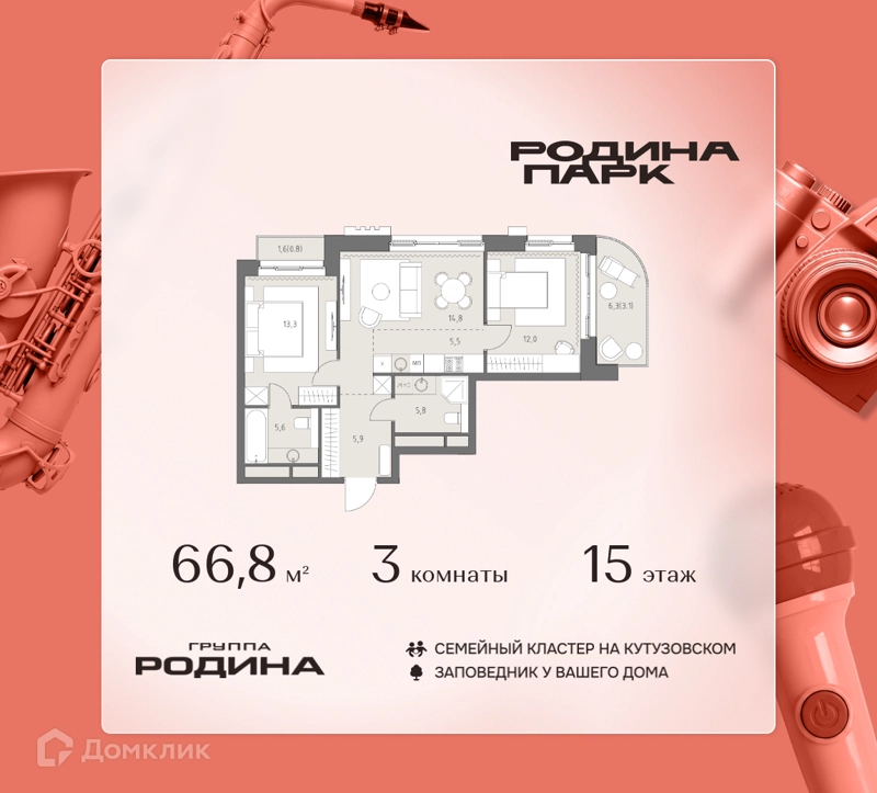 3-комнатная квартира 66.8 м² Родина Парк