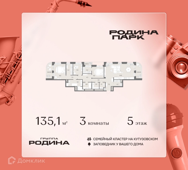 3-комнатная квартира 135.1 м² Родина Парк