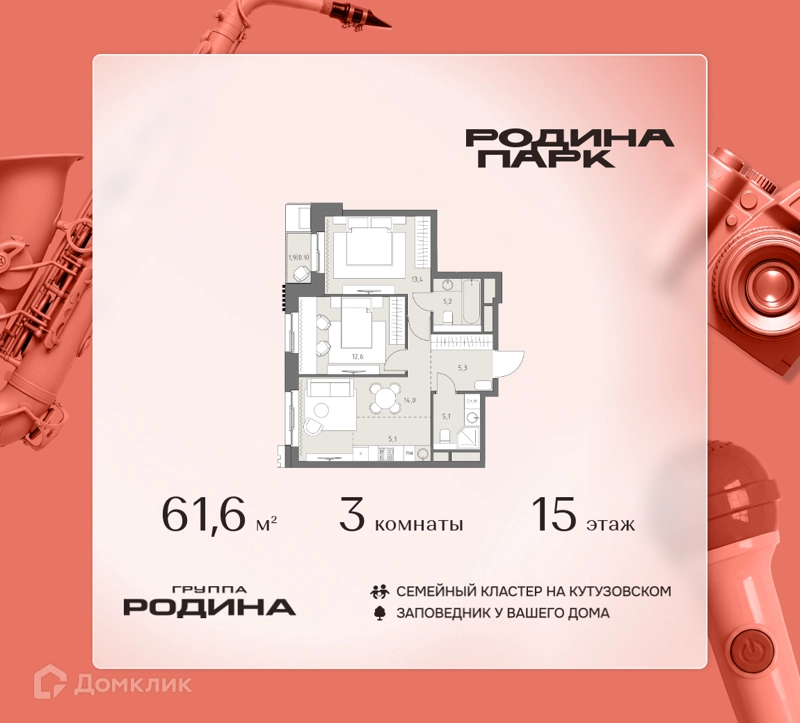 3-комнатная квартира 61.6 м² Родина Парк